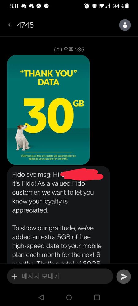 Solved: Text from +4745 instead of +4735, but extra data h - Fido -  193602